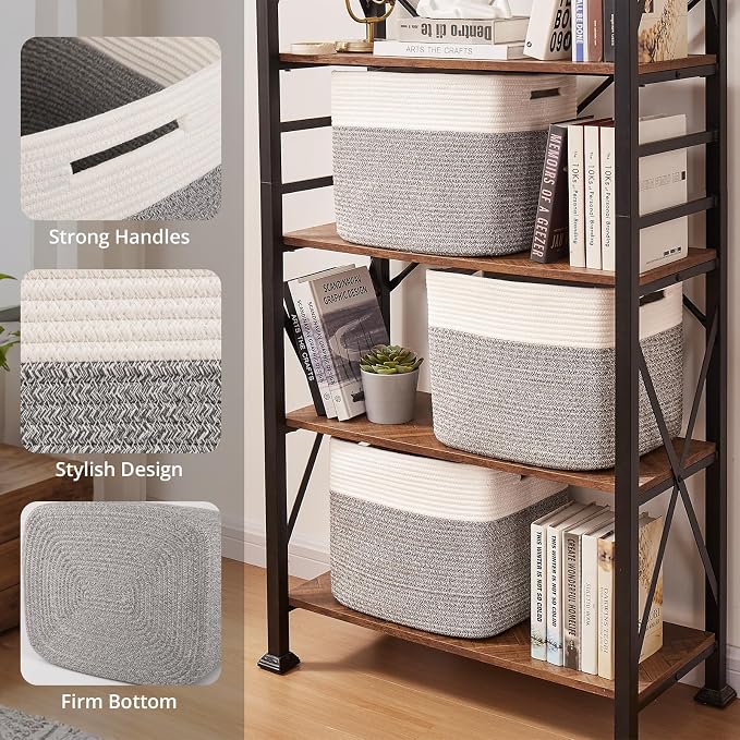 OIAHOMY Cotton Rope Woven Baskets for Organizing 3-Pack 13x15x12.6IN Closet Storage Bins for Clothes Rectangular Storage Baskets for Kids Toy Bins, Living Room Baby Nursery - White & Grey - Image 3