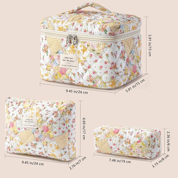 HBselect Quilted Makeup Bag, 3Pcs Cotton Large Travel Makeup Bags Organizer | Cute Floral Make up Bag Cosmetic Bag Toiletry Bag for Women Girls, Makeup Pouch for Skincare, Brushes & Travel Essentials - Image 5