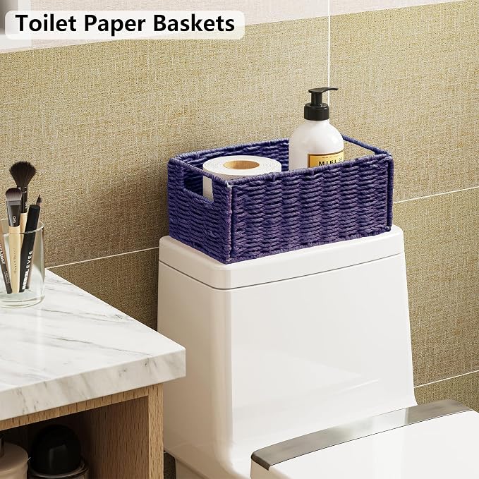 Wicker Storage Basket, Set of 2 Hand-Woven Paper Rope Wicker Basket, Small Storage Baskets for Organizing Toilet Paper, Foldable Small Cube Organizer Bins for Shelves (Purple) - Image 4
