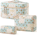 HBselect Quilted Makeup Bag, 3Pcs Cotton Large Travel Makeup Bags Organizer | Cute Floral Make up Bag Cosmetic Bag Toiletry Bag for Women Girls, Makeup Pouch for Skincare, Brushes & Travel Essentials by HBselect