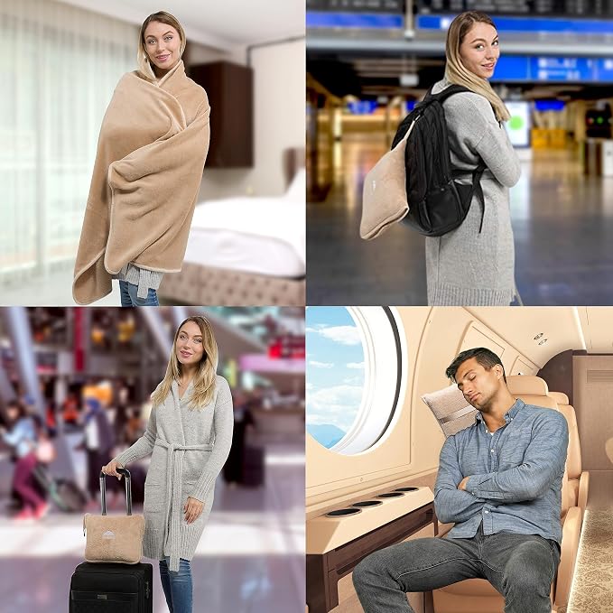 BlueHills Premium Soft Travel Blanket Pillow Airplane Throws Packable Beige | Ultra Soft Plush Travel 2 in 1 Blanket, Zipper Case with Hand Luggage Belt & Backpack Clip, Compact Portable Flight Throws - Image 3