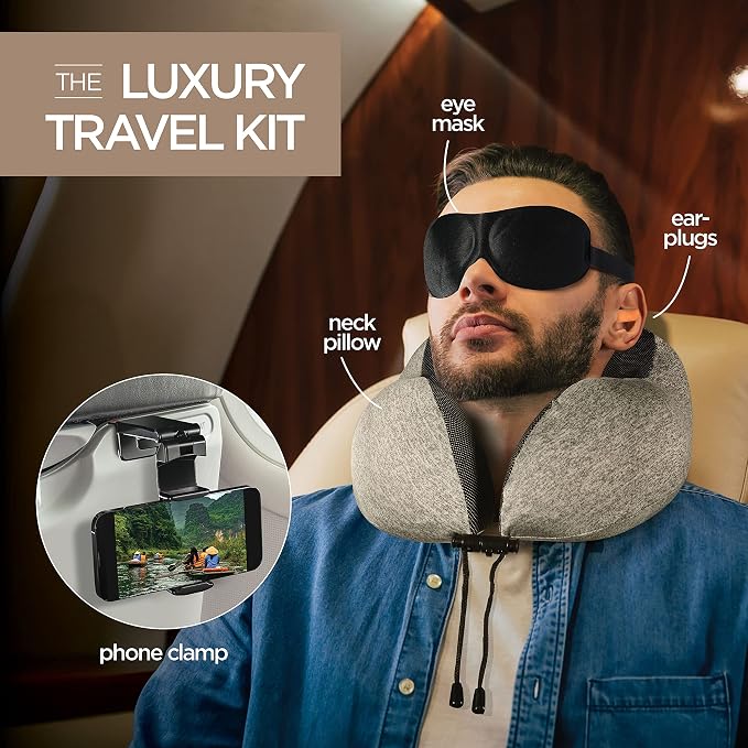Homeify Airplane Neck Pillow Includes Travel Pillow + Airplane Phone Holder Mount + Eye Masks + Earplugs for Travel, 100% Pure Memory Foam Travel Pillow, 4 Pc Travel Kit, 2 Pack - Image 3