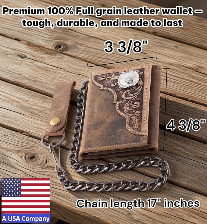 F&L CLASSIC RFID Blocking Men's Tri-fold Vintage Biker Cowhide Leather Steel Chain Wallet,Snap closure, brown, western style,315-82 - Image 2