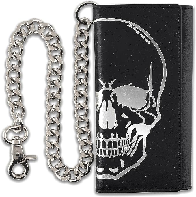 F&L CLASSIC RFID Blocking Mens Tri-fold Long Style Leather Steel Chain Wallet,black skull,212-50 by FLCLASSIC