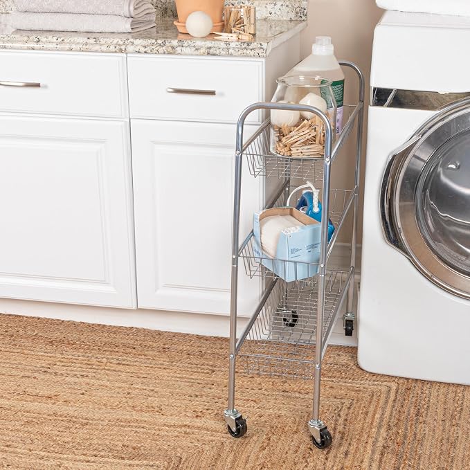 Household Essentials Chrome Iron 3-Basket Storage Cart - Image 3