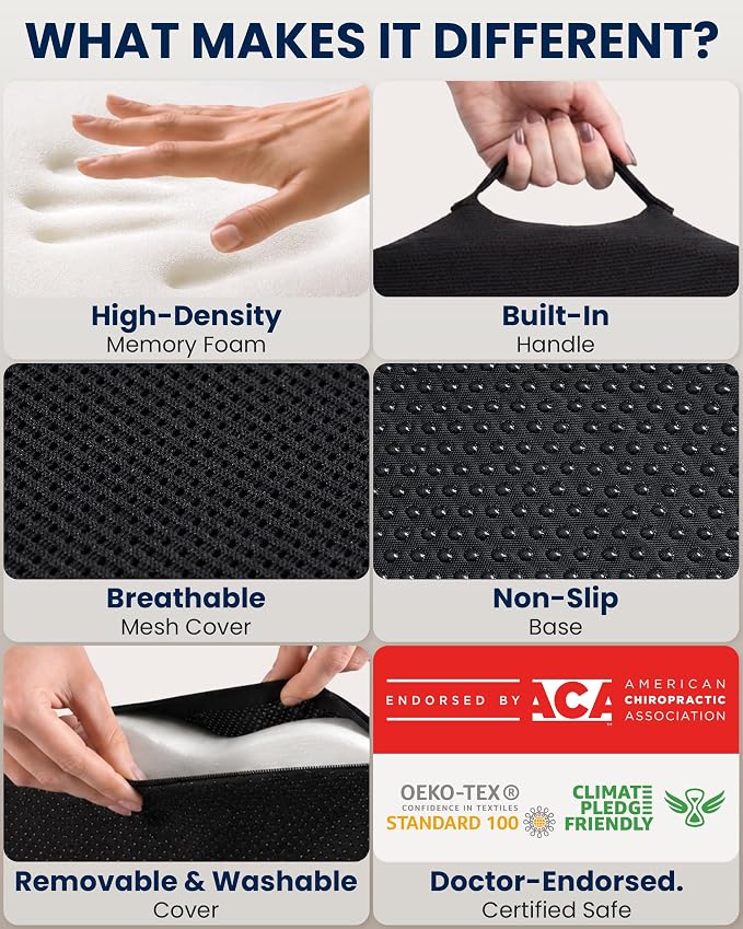 5 STARS UNITED Seat Cushion - Memory Foam & Cooling Gel - Chair Cushion for Tailbone Pain Relief - Ergonomic Support for Coccyx, Sciatica & Butt - Office, Desk & Gaming Chair, Car, Wheelchair, Black - Image 4