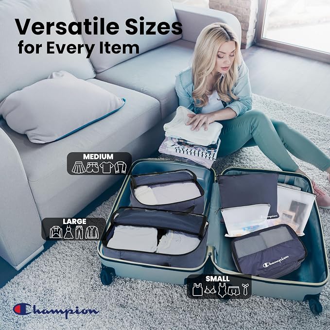 Champion Packing Cubes for Travel - 6 Piece Organizer Set, Carry-On Ready | Breathable mesh, sturdy handles; 3 cubes, 1 laundry bag, 2 zip pouches; zipper closure; fits carry-on and full-size suitcases - Image 5
