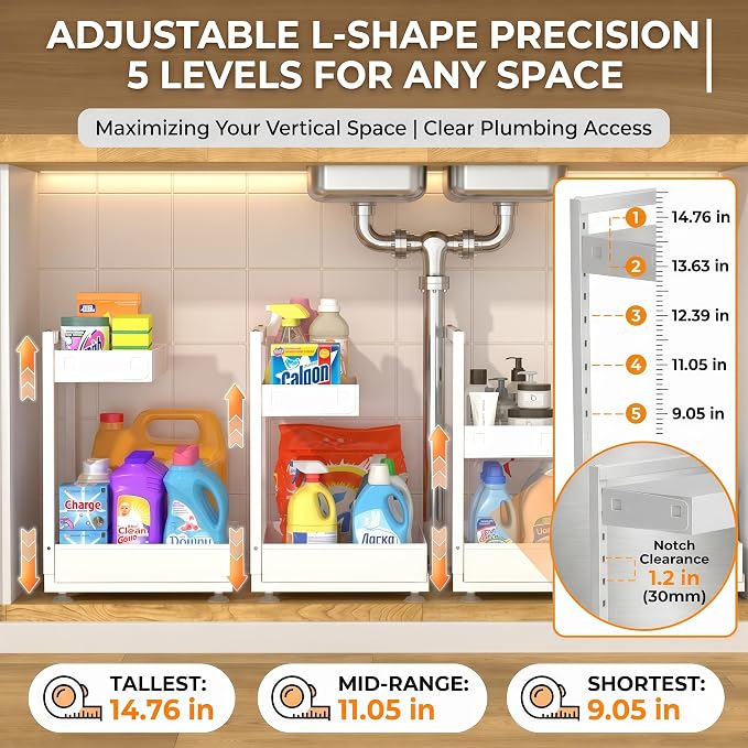 Under Sink Organizer, Bathroom Counter Organizer, 2 Packs 2-Tier Metal, Under Cabinet Storage, Makeup Storage, Adjustable Height & Slide-Out Drawer for Kitchen Bathroom, White - Image 2