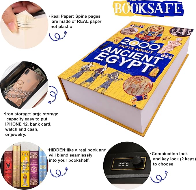 Deversion Book Safe Storage Box with Real Pages Combination Lock and Key Lock Box Money Safe Book Storage Lock Boxes for Personal Items 9.3''x6.0''x2.3'' (Egypt-Combo) - Image 4