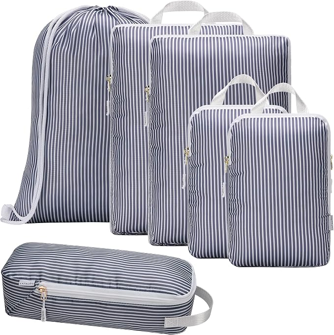 Compression Packing Cubes for Travel 6PC Set - Suitcase Organizer & Space Saver Bags for Carry On Luggage with Drawstring Backpack Grey Stripe by Unknown