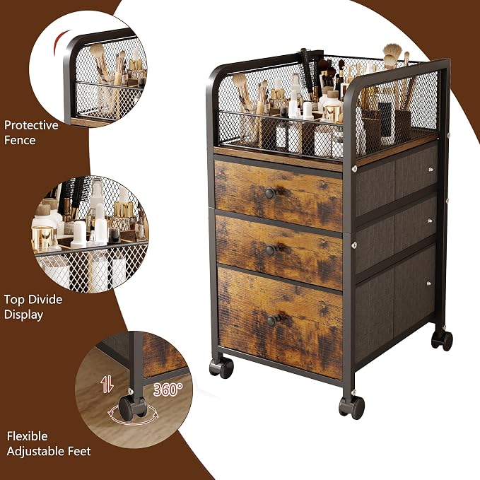 Rolling Makeup Vanity Cart Makeup Organizer with Drawers | Vanity Cart Bathroom Storage Cart Cosmetic Vanity Display Cases Holder for Nail Polish Brush Hair Tool - Image 5