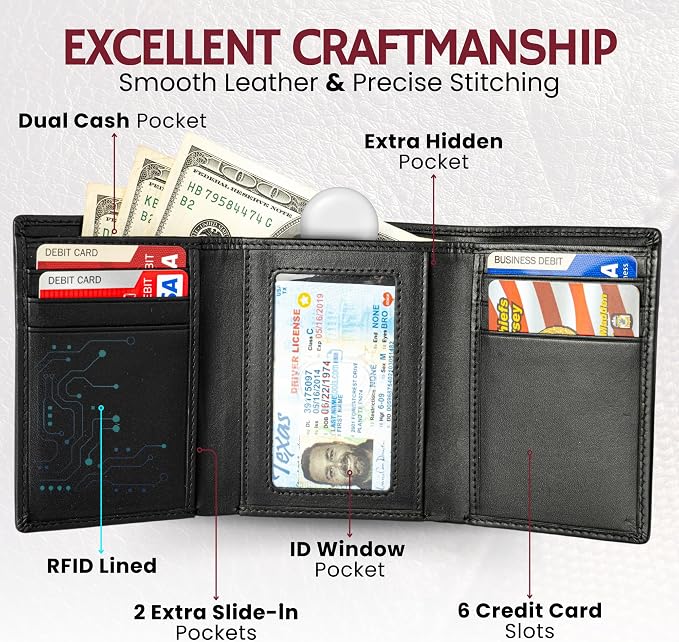 BULL GUARD RFID Leather Trifold Wallets for Men ID Window, Secret Pocket, Black - Image 2