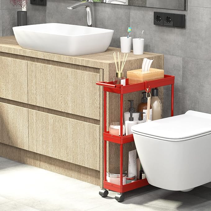 Simple Houseware 3-Tier Slim Rolling Cart w/Handle 5.5" Wx27.5 H, Red | Storage Cart for Narrow Space (5.5-Inch Wide) Kitchen, Bathroom, Laundry Room - Image 9