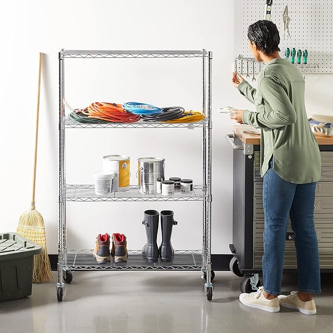 Amazon Basics 4-Shelf Adjustable Heavy Duty Storage Shelving Unit with Wheels, No-Tool Easy Assembly, Garage Shelving, Metal Wire Rack with Casters and Leveling Feet, 36" x 14" x 57.8", Chrome - Image 2