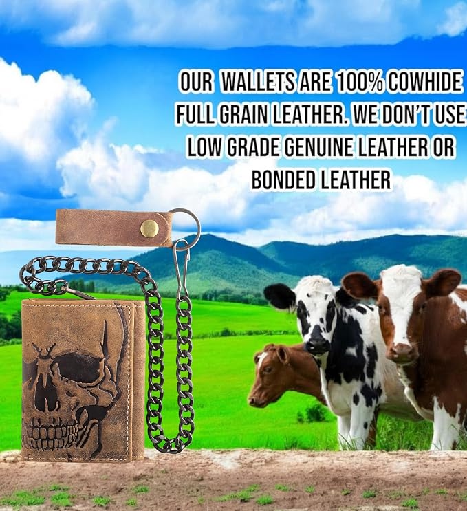 F&L CLASSIC RFID Blocking Men's Tri-fold Vintage Biker Cowhide Leather Steel Chain Wallet,Snap closure, brown,skull,315-70 - Image 5