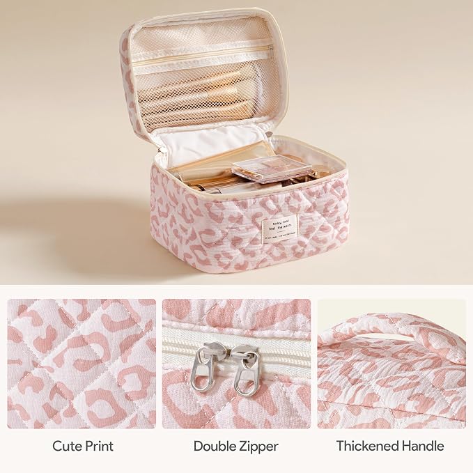 HBselect Quilted Makeup Bag, 3Pcs Cotton Large Travel Makeup Bags Organizer | Cute Floral Make up Bag Cosmetic Bag Toiletry Bag for Women Girls, Makeup Pouch for Skincare, Brushes & Travel Essentials - Image 2