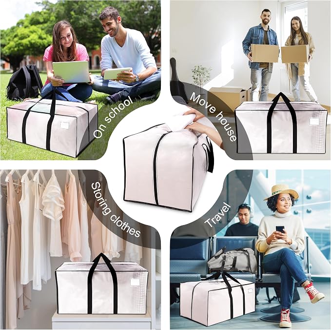 VELVETSURE 6 Pack Heavy Duty Large Moving Bags W/Backpack Straps - Strong Handles & Zippers, Storage Totes For Space Saving, Fold Flat, Alternative to Moving Box and Storage Bin, Semi-Transparent - Image 6