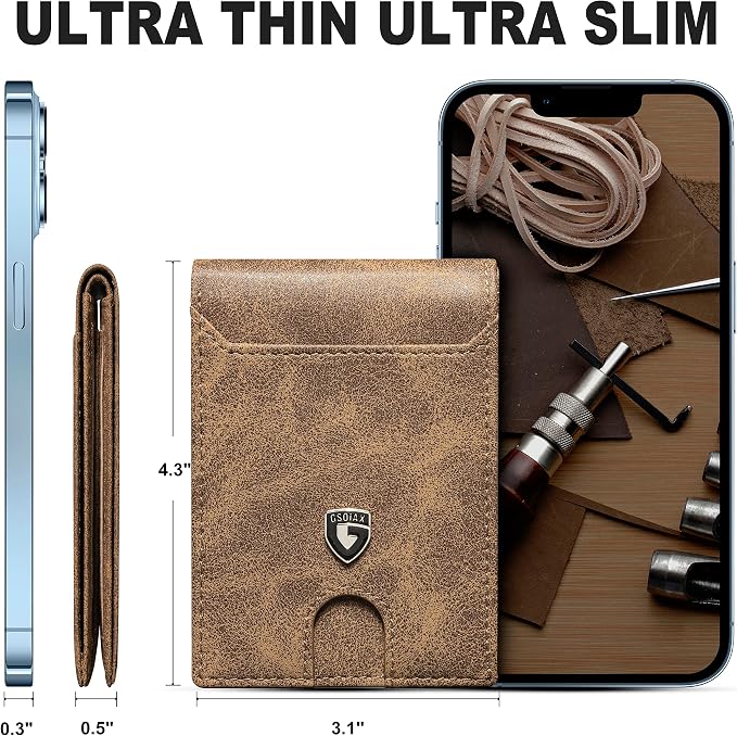 GSOIAX Slim Wallet for Men,RFID Blocking Bifold Wallet Carbon Fiber Front Pocket Wallet with 11 Card Holder Minimalist Mens Wallet with Gift Box (Leather Brown) - Image 3