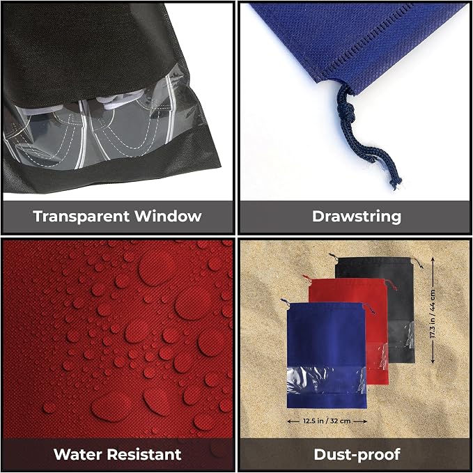 12 PCs Shoe Bags for Travel, Packing, Storage, Organizing & Suitcase. Reusable Dustproof & Water Resistant Sneakers Pouch Protectors with Clear Window & Drawstring. Laundry & Toys (Red + Blue + Black) - Image 5
