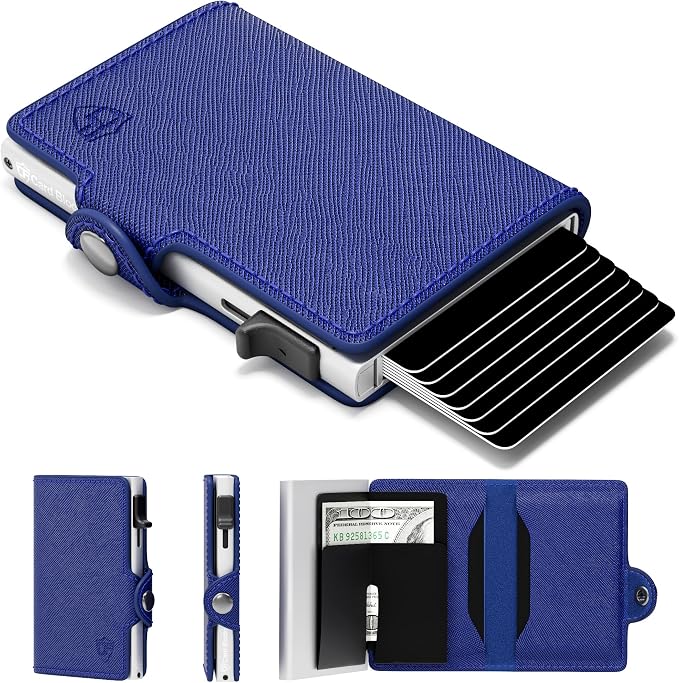 Pop Up Wallet for Women | RFID Blocking Slim Card Holder for Small Purse & Crossbody Bag | Compact Aluminum Wallet | Holds 4–6 Cards | Saffiano Navy Blue by ConcealPlus