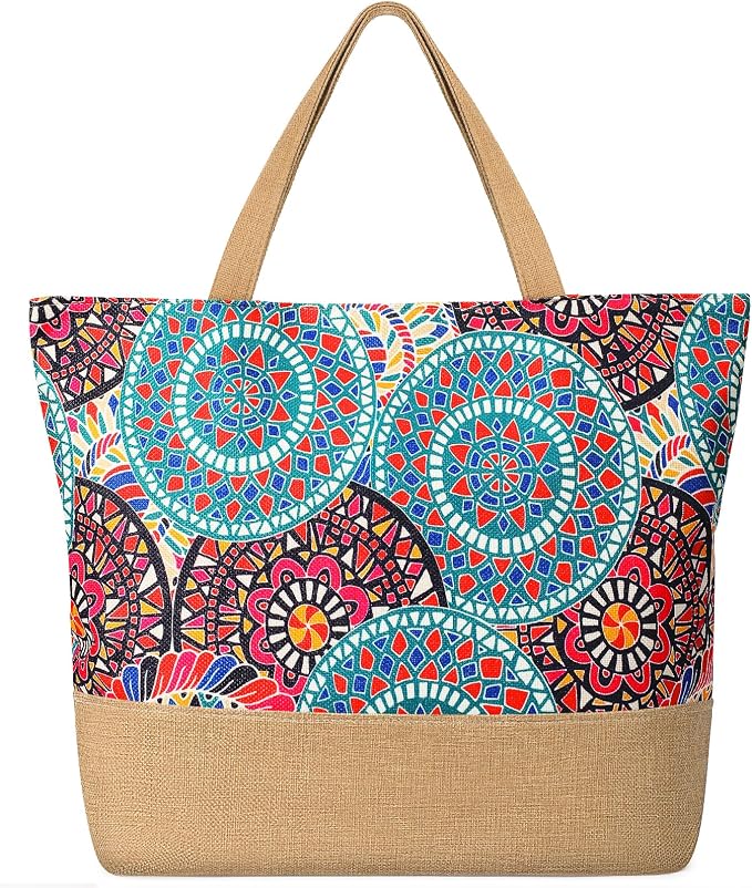 Trifabricy Beach Bags for Women,Waterproof Straw Beach Tote Bag With Zipper | Spacious Storage Capacity, Secure Zipper Closure, Reinforced Carry Handles, Stylish Printed Design For Outdoor Activities by Trifabricy