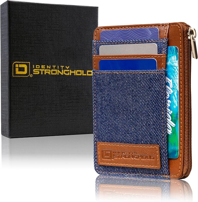 ID Stronghold RFID Blocking Front Pocket Wallet – Slim Minimalist Genuine Leather Wallet with Zipper Coin Pocket (Denim) - Image 6