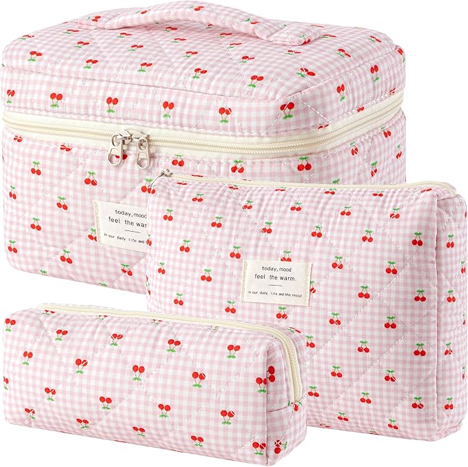 HBselect Quilted Makeup Bag, 3Pcs Cotton Large Travel Makeup Bags Organizer | Cute Floral Make up Bag Cosmetic Bag Toiletry Bag for Women Girls, Makeup Pouch for Skincare, Brushes & Travel Essentials by HBselect
