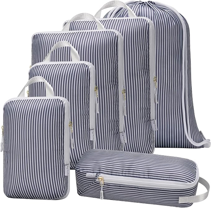 Compression Packing Cubes for Travel 6PC Set - Suitcase Organizer & Space Saver Bags for Carry On Luggage with Drawstring Backpack Grey Stripe - Image 9