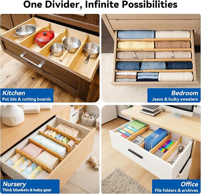 4 Pack 6" Deep Bamboo Drawer Dividers, 17-22" Expandable Kitchen Organizers | Adjustable Spring-Loaded Tension Separators with Foam Pad for Clothes, Utensils, Kitchen, Dresser, Nursery & Bathroom - Image 7