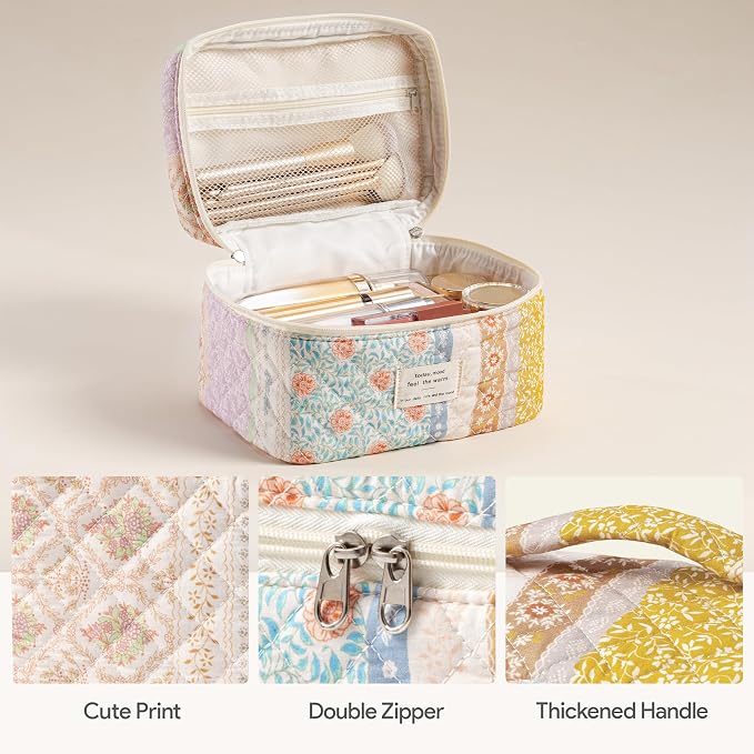 HBselect Quilted Makeup Bag, 3Pcs Cotton Large Travel Makeup Bags Organizer | Cute Floral Make up Bag Cosmetic Bag Toiletry Bag for Women Girls, Makeup Pouch for Skincare, Brushes & Travel Essentials - Image 2