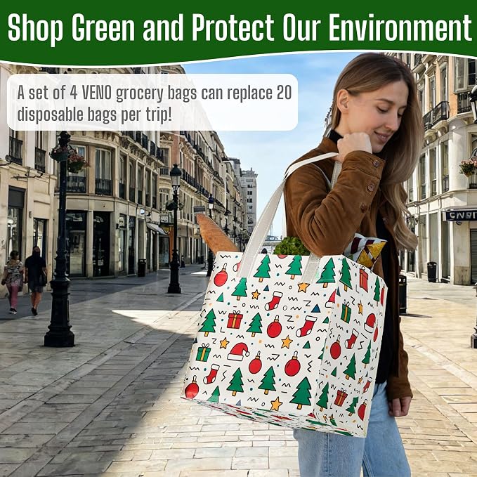 VENO 4 Pack Large Grocery Bag Reusable Shopping Bags with Hard Bottom | Utility Tote with Reinforced Handles, Heavy Duty, Foldable, Stand Upright, for Groceries Shopping Cart(Jingle Mix, 4 Pack) - Image 7