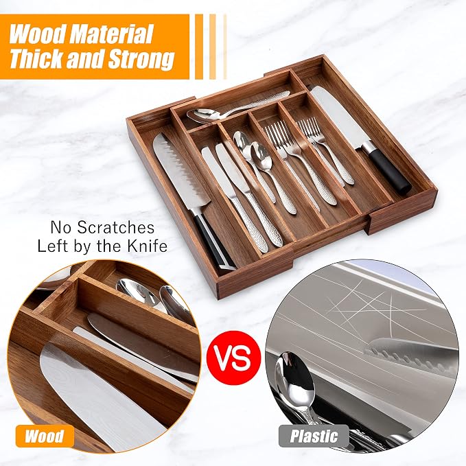 Bellsal Acacia Silverware Organizer Kitchen Drawer Organizer Expandable Bamboo Utensil Holder Cutlery Tray for Kitchen Utensil and Flatware Bedroom Office - Image 5