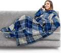 PAVILIA Fleece Blanket with Sleeves, Foot Pockets for Women Men Adults, Plush Wearable Blanket Throw Wrap, Warm Snuggle Blanket Robe, Cozy Gift Ideas Wife Mom, Plaid Navy Blue by PAVILIA