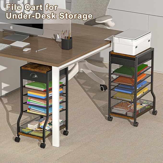 keomaisyto 6-Tier Rolling File Cart with Drawer, Under Desk Storage with Paper Letter Sliding Trays, Standing File Organizer with Wheels, Slim Workspace Organizers for Office/Home/School/Study - Image 5
