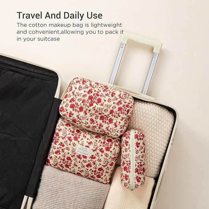HBselect Quilted Makeup Bag, 3Pcs Cotton Large Travel Makeup Bags Organizer | Cute Floral Make up Bag Cosmetic Bag Toiletry Bag for Women Girls, Makeup Pouch for Skincare, Brushes & Travel Essentials - Image 4