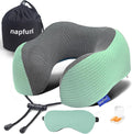 napfun Neck Pillow for Travel with Travel Pouch, Sleep Mask & Earplugs, Memory Foam Airplane Pillow for Headrest Sleep with Eyeshades, Plane Essentials with Eye Blindfold, Turquoise Striped Kit by NAPFUN
