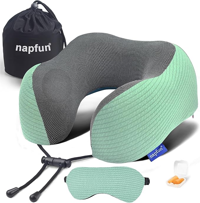 napfun Neck Pillow for Travel with Travel Pouch, Sleep Mask & Earplugs, Memory Foam Airplane Pillow for Headrest Sleep with Eyeshades, Plane Essentials with Eye Blindfold, Turquoise Striped Kit by NAPFUN