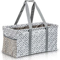 Extra Large Utility Tote Bag, Oversized Collapsible Reusable Wire Frame Rectangular Canvas Basket With Two Exterior Pockets For Beach, Pool, Laundry, Car Trunk, Storage - Geo Grey by Lucazzi