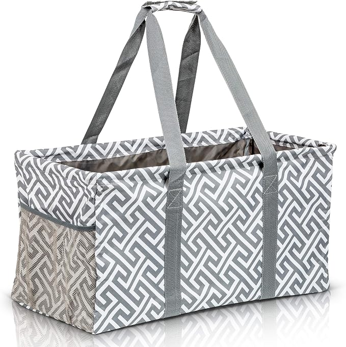Extra Large Utility Tote Bag, Oversized Collapsible Reusable Wire Frame Rectangular Canvas Basket With Two Exterior Pockets For Beach, Pool, Laundry, Car Trunk, Storage - Geo Grey by Lucazzi