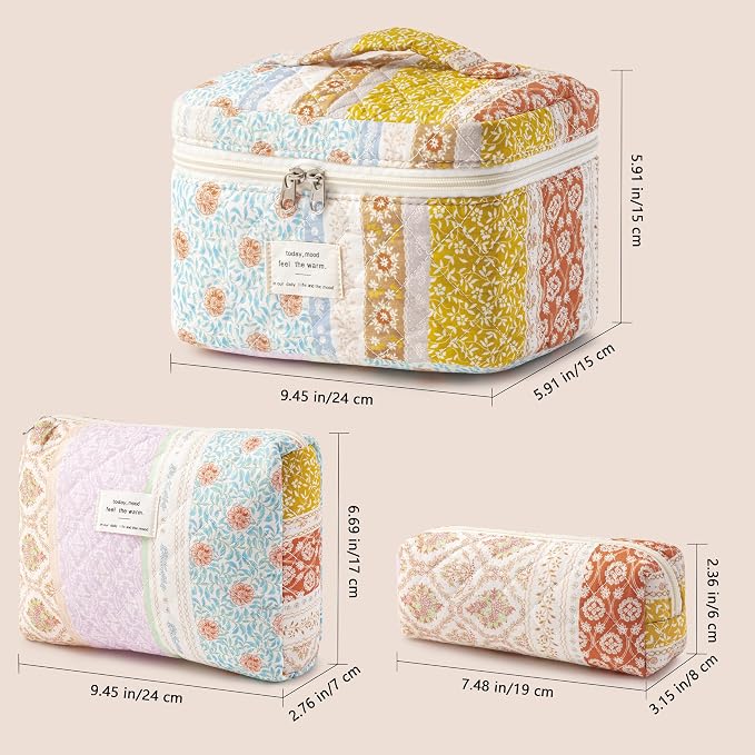 HBselect Quilted Makeup Bag, 3Pcs Cotton Large Travel Makeup Bags Organizer | Cute Floral Make up Bag Cosmetic Bag Toiletry Bag for Women Girls, Makeup Pouch for Skincare, Brushes & Travel Essentials - Image 5
