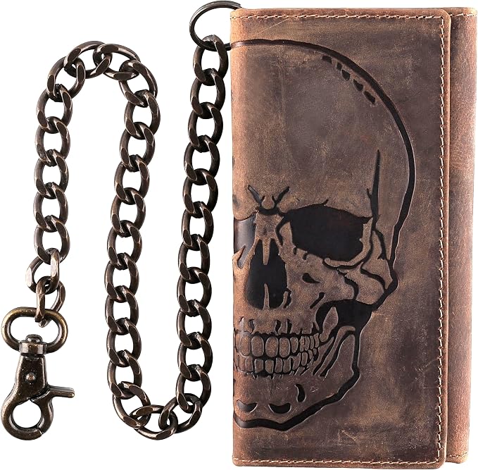 F&L CLASSIC RFID Blocking Mens Tri-fold Long Style Cowhide Leather Steel Chain Wallet,brown distress with skull,212-70 by FLCLASSIC