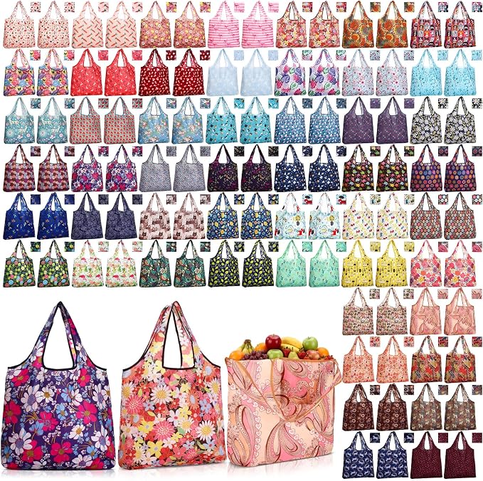Tanlade Reusable Shopping Foldable Grocery Bags Bulk Large Tote Bags with Handle for Kitchen Supermarket Washable 50 Patterns by Tanlade