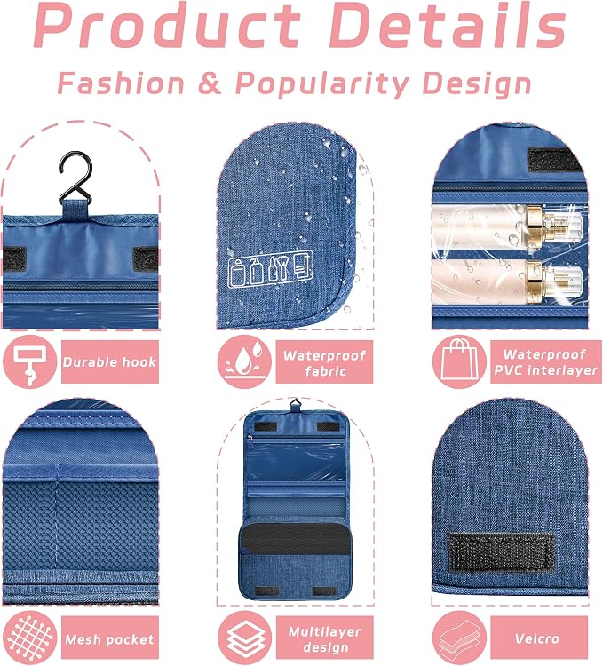 Toiletry Bag Travel Bag with Hanging Hook for Women Men,Navy Blue | Waterproof Small Capacity Hanging Multifunctional Makeup Bag for Toiletries, Portable Cosmetic Bag Travel Organizer - Image 3