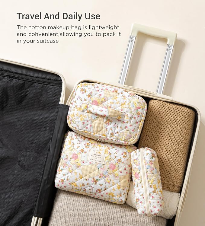 HBselect Quilted Makeup Bag, 3Pcs Cotton Large Travel Makeup Bags Organizer | Cute Floral Make up Bag Cosmetic Bag Toiletry Bag for Women Girls, Makeup Pouch for Skincare, Brushes & Travel Essentials - Image 4