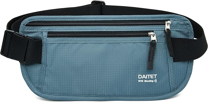 RFID Blocking Money Belt for Men Women, Slim Fanny Pack for Travel，Running,Conceal Waist Wallet for Passport Holder,Phone,Cash(Black Turquoise) by DAITET