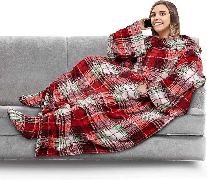 PAVILIA Fleece Blanket with Sleeves, Foot Pockets for Women Men Adults, Plush Wearable Blanket Throw Wrap, Warm Snuggle Blanket Robe, Cozy Gift Ideas Wife Mom, Christmas Plaid by PAVILIA