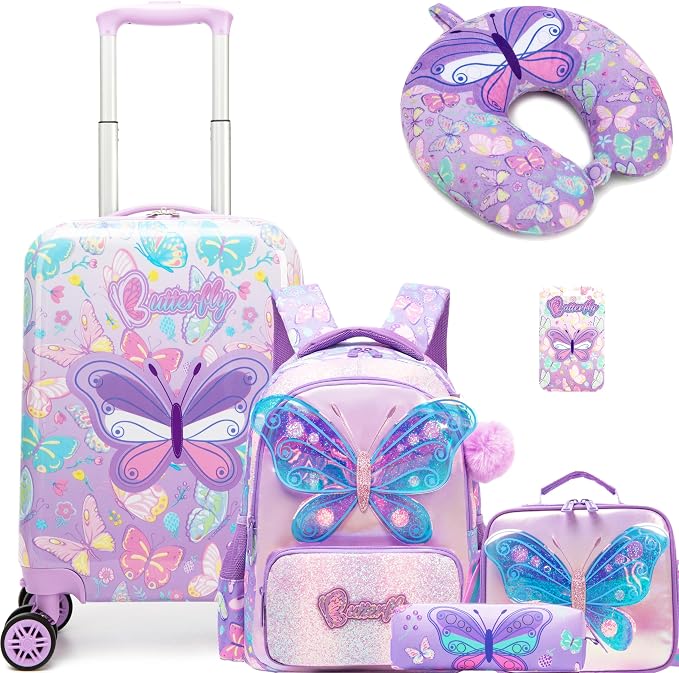 Kid's Luggage Set 5 Piece Suitcase Set 16" Hardside Luggage with Spinner Wheels Girls Carry on Toddler Travel Rolling Suitcase with Neck Pillow Airline Approved by Unknown