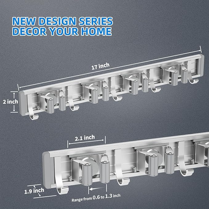 reliahom Broom Holder Wall Mount Mop Hanger Tools organizer 4Racks 5Hooks | Adjustable Stick or Screw Mop Broom Wall Hanging Tool Storage Rack Space-saving for Garage,Kitchen,Laundry Room,Garden,Silver - Image 4