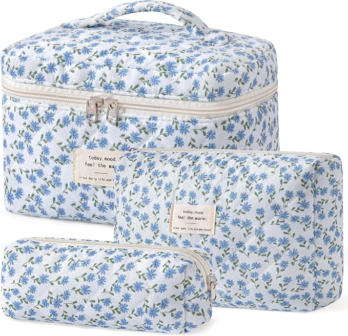 HBselect Quilted Makeup Bag, 3Pcs Cotton Large Travel Makeup Bags Organizer | Cute Floral Make up Bag Cosmetic Bag Toiletry Bag for Women Girls, Makeup Pouch for Skincare, Brushes & Travel Essentials by HBselect