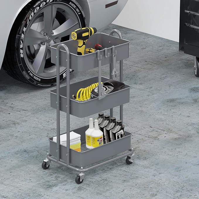 Simple Houseware 3-Tier Heavy Duty Metal Utility Rolling Cart, Silver - Image 4